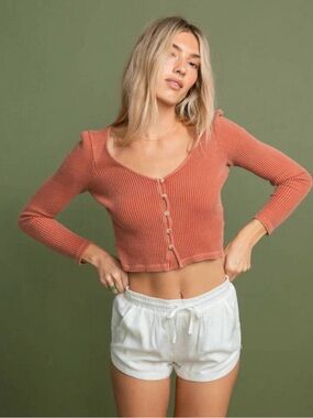 Billabong Paxton Henley Waffle Thermal Crop Long Sleeve Earthy Button Down NWT